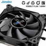 Close-up view of a Jonsbo 140mm fan, showcasing its design and build quality.