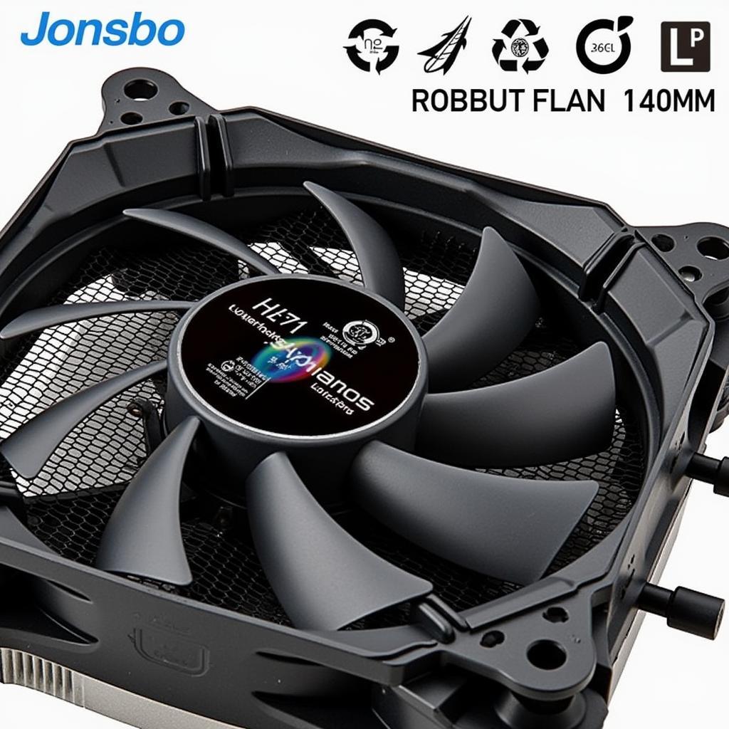 Close-up view of a Jonsbo 140mm fan, showcasing its design and build quality.