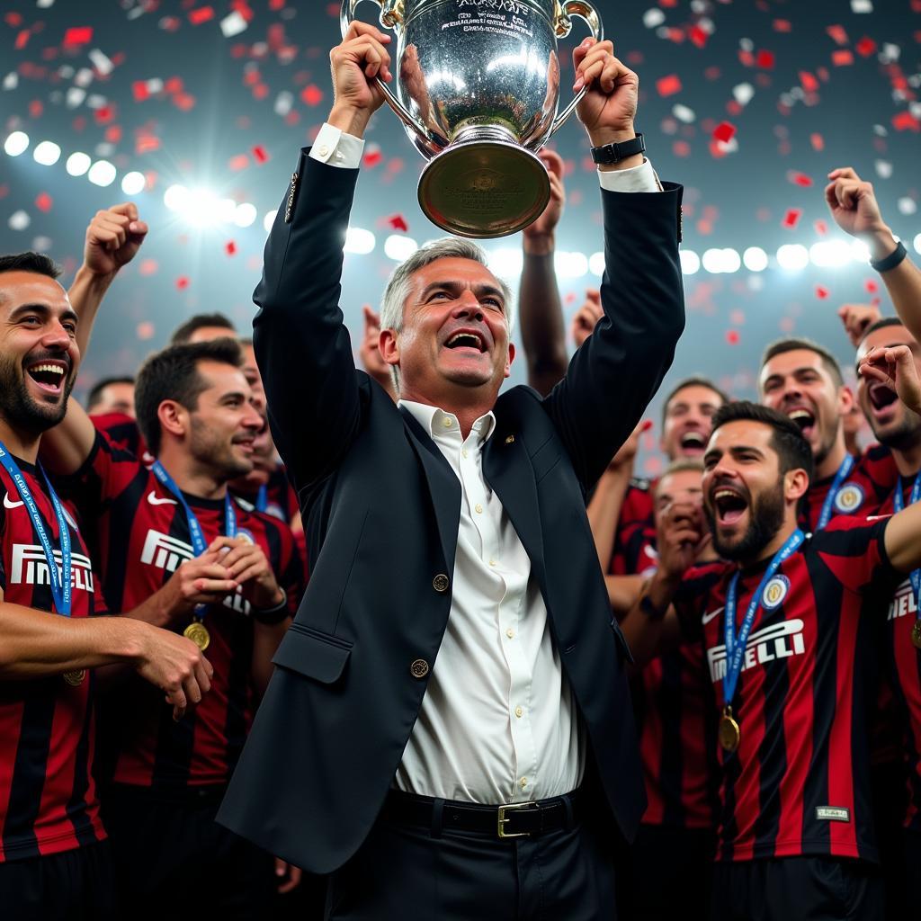 Jose Mourinho celebrates with Inter Milan players after winning the Champions League