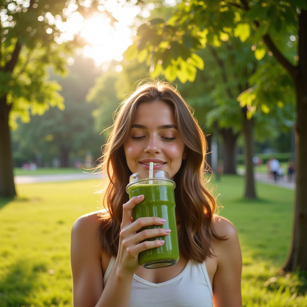 A person enjoying a kale smoothie outdoors, surrounded by nature.