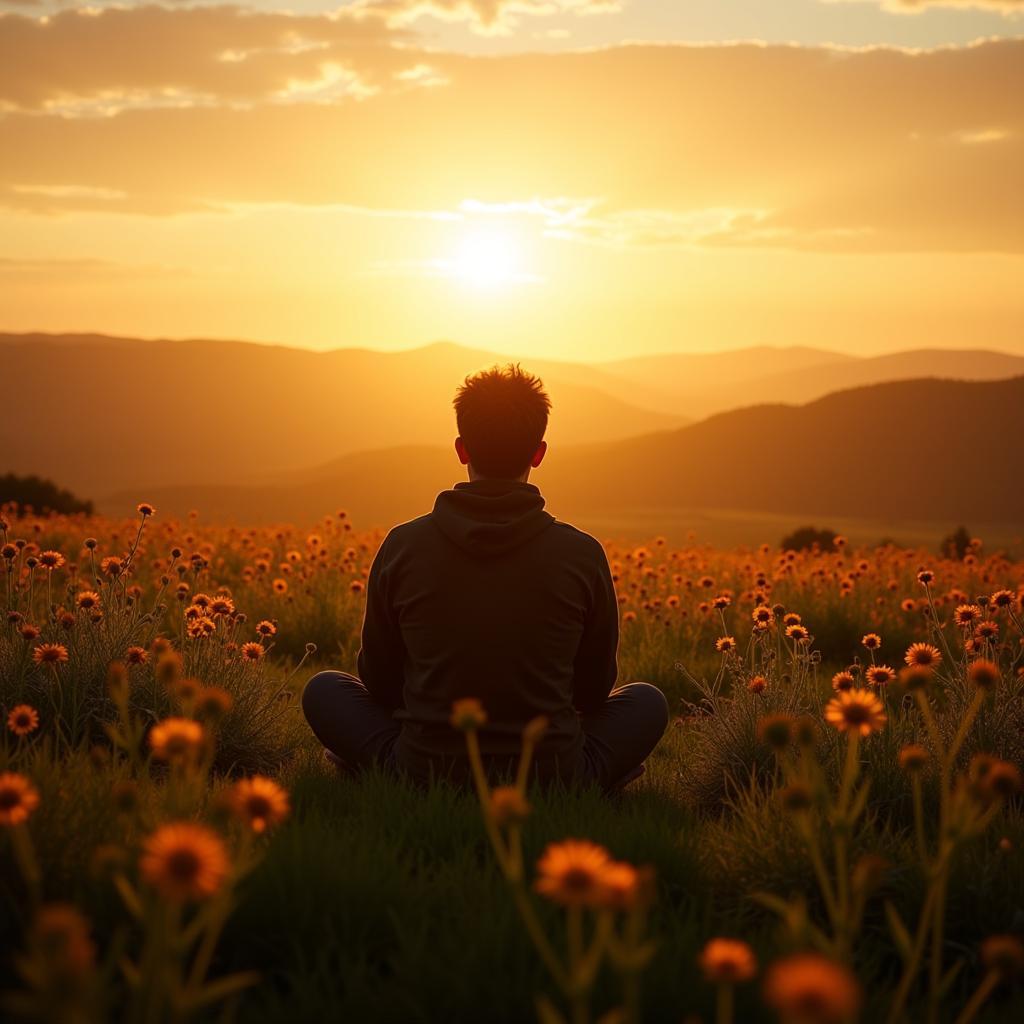 A person meditating in a field of wildflowers with the sun rising in the east.