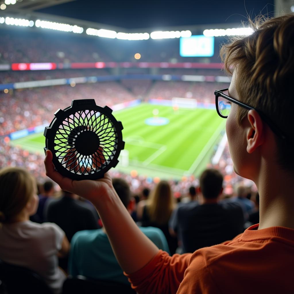 Portable KDM M40 fan being used by a fan in a football stadium.