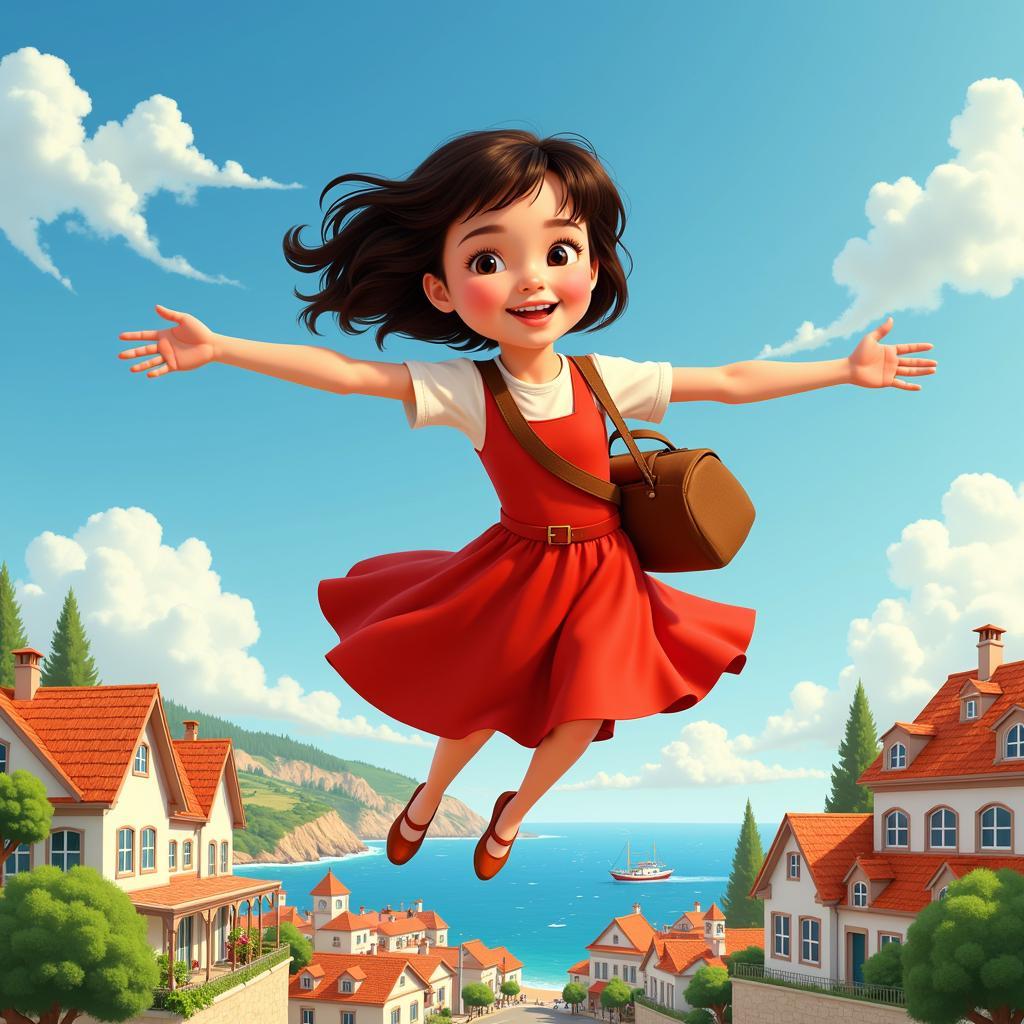 Kiki flying over the coastal town in her signature red dress