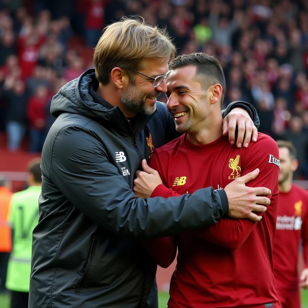 Klopp Embraces a Liverpool Player after a Victory