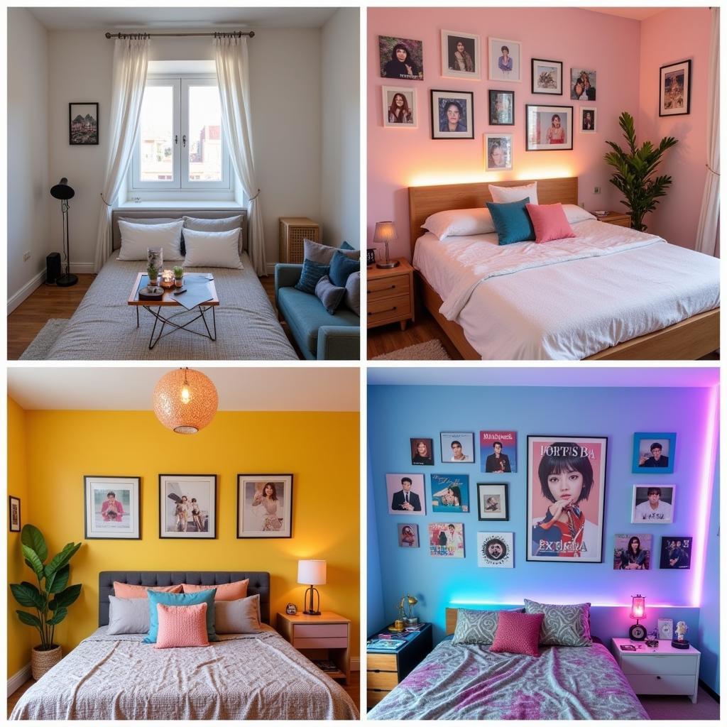 Kpop Fan Room Decor Ideas: A collage showcasing different Kpop room decor styles, including minimalist setups, vibrant color schemes, and dedicated bias walls.