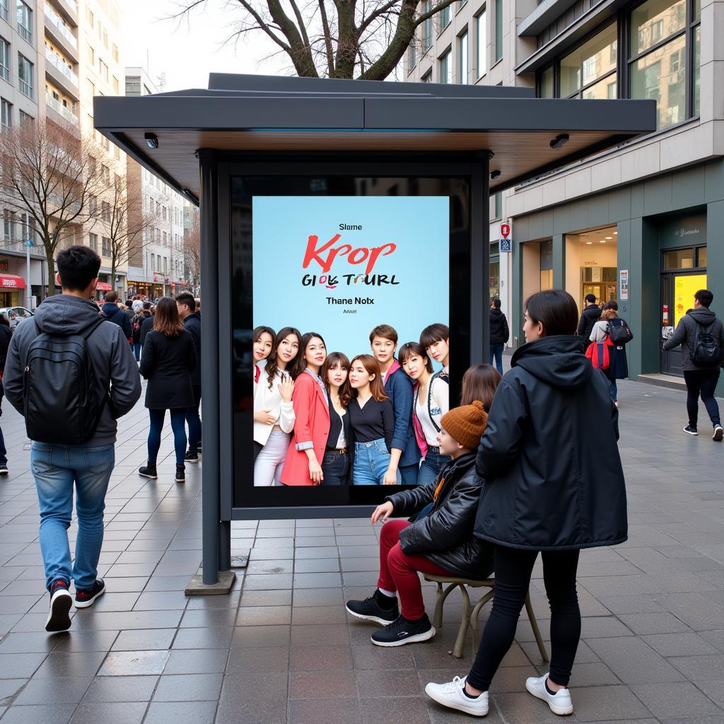 Kpop fan book advertisement on a bus stop, attracting attention from pedestrians and passengers