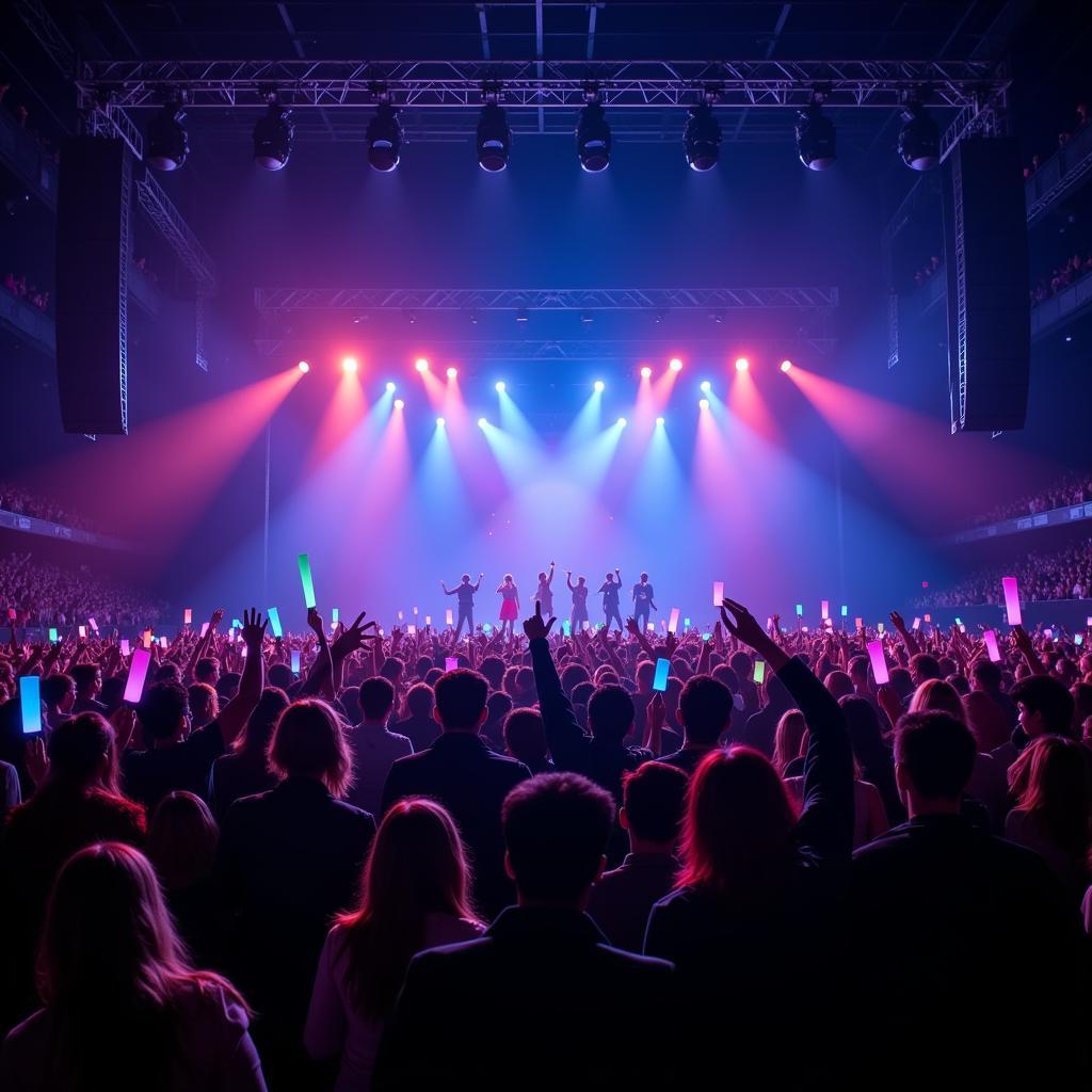 Kpop fans cheering and holding lightsticks at a concert