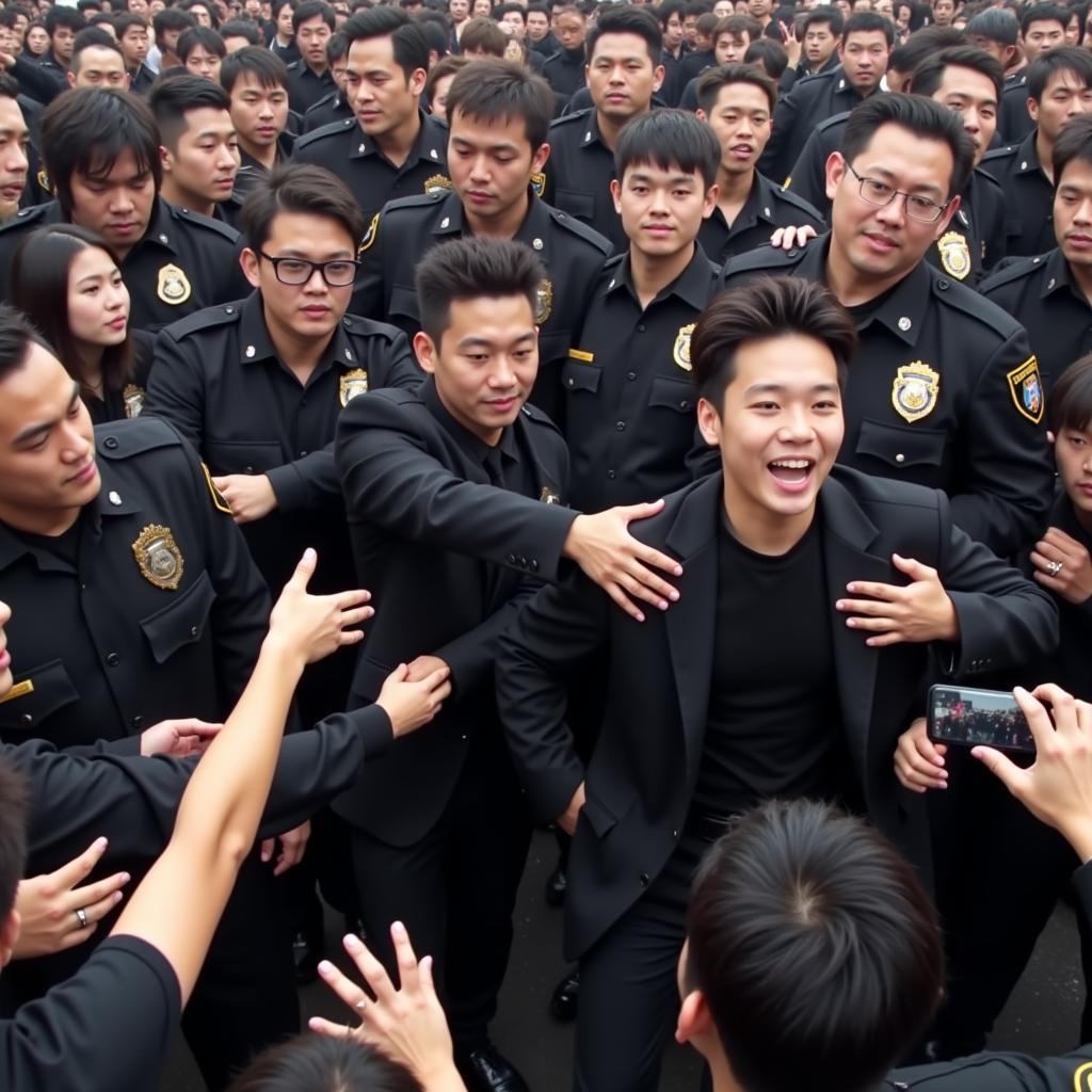 Kpop idol being escorted through a crowd of fans by security.