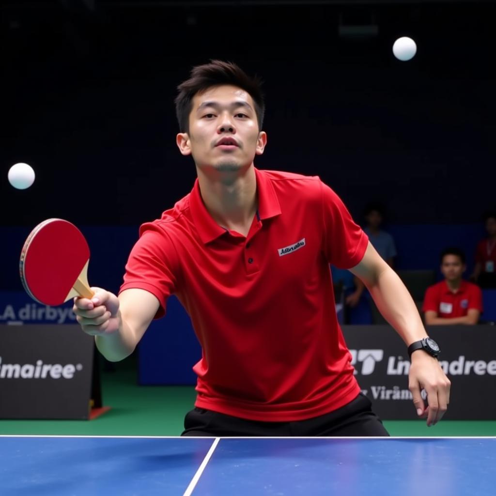 Liang Jingkun executing a strategic serve.