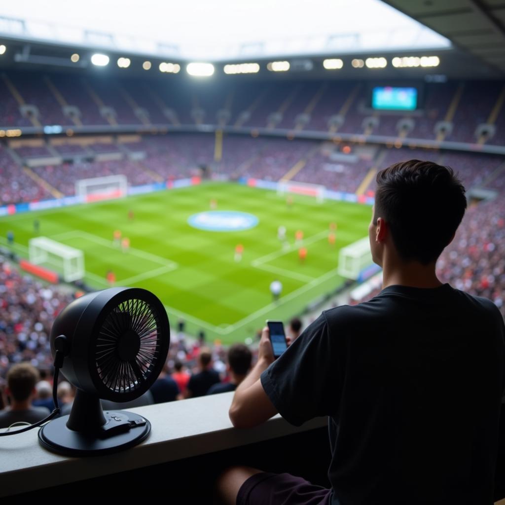 Fan using Lileng USB fan at a football match