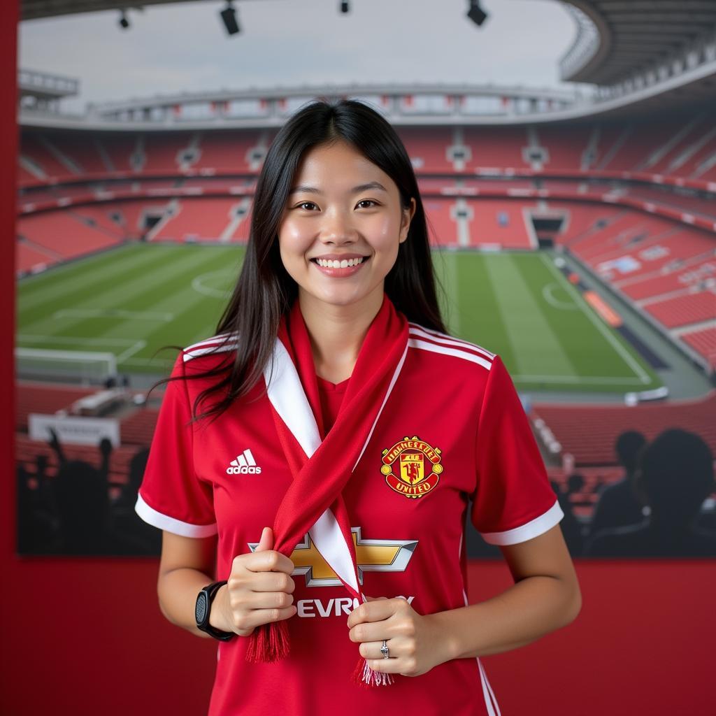 Linh Dang, a dedicated Manchester United fan, wearing a team jersey and scarf.