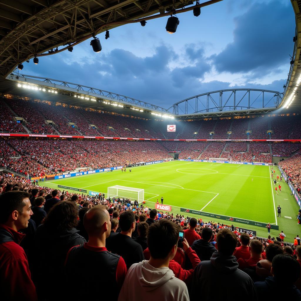 Fans cheering wildly during a live football game