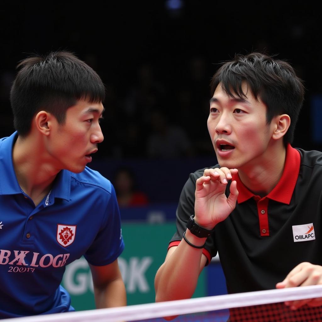 Ma Long and Fan Zhendong competing at the 2017 China National Games