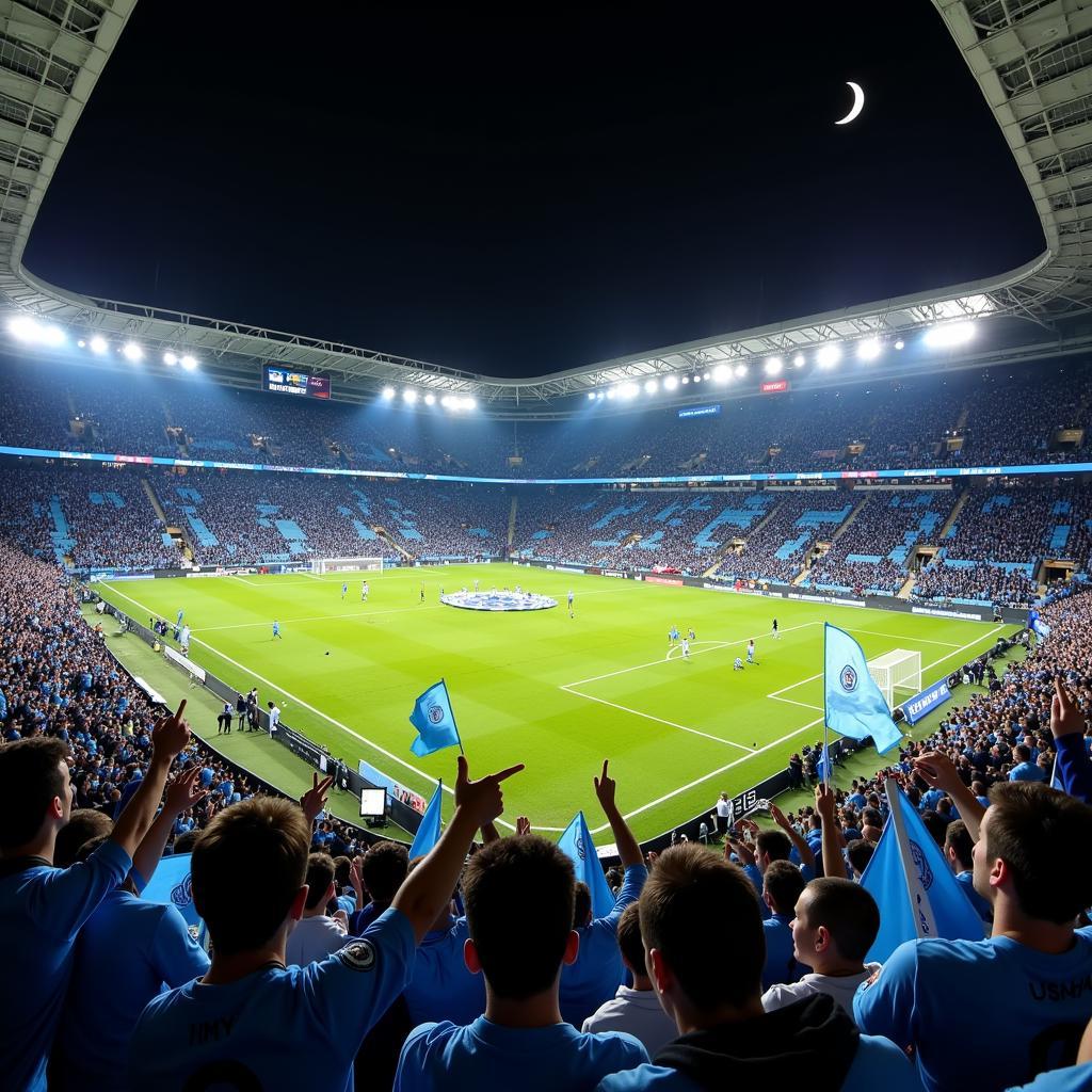 Manchester City fans filling the Etihad Stadium, creating a vibrant and electric atmosphere during a crucial match.