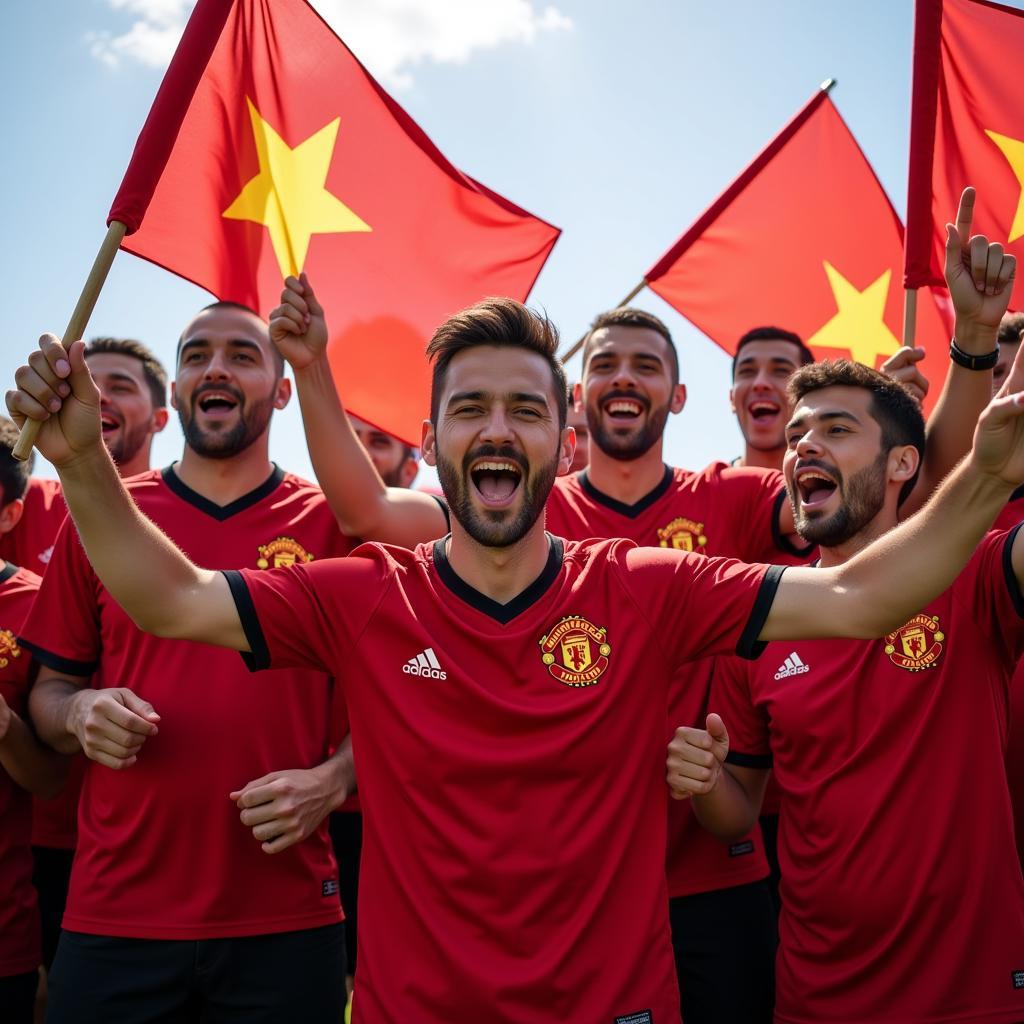 Manchester United fans in Vietnam celebrating a goal