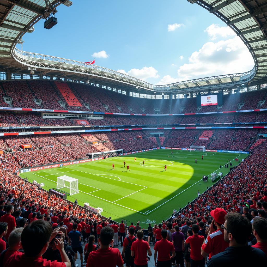 A bustling football stadium built within Mini World, complete with a pitch, stands, and fan areas.