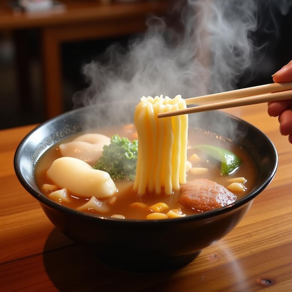 Close-up of a steaming bowl of Ministop Oden