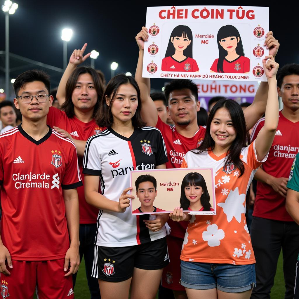 My Tam and Ho Quynh Huong fans at a football match.