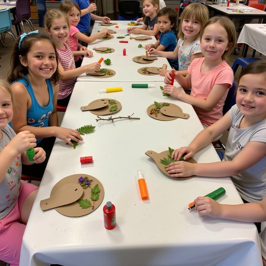 Toddlers creating nature-inspired fans using leaves, twigs, and flowers.