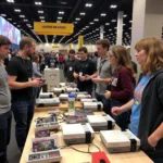 A group of hardcore NES fans gathered at a retro gaming convention, sharing their passion and showcasing their collections.