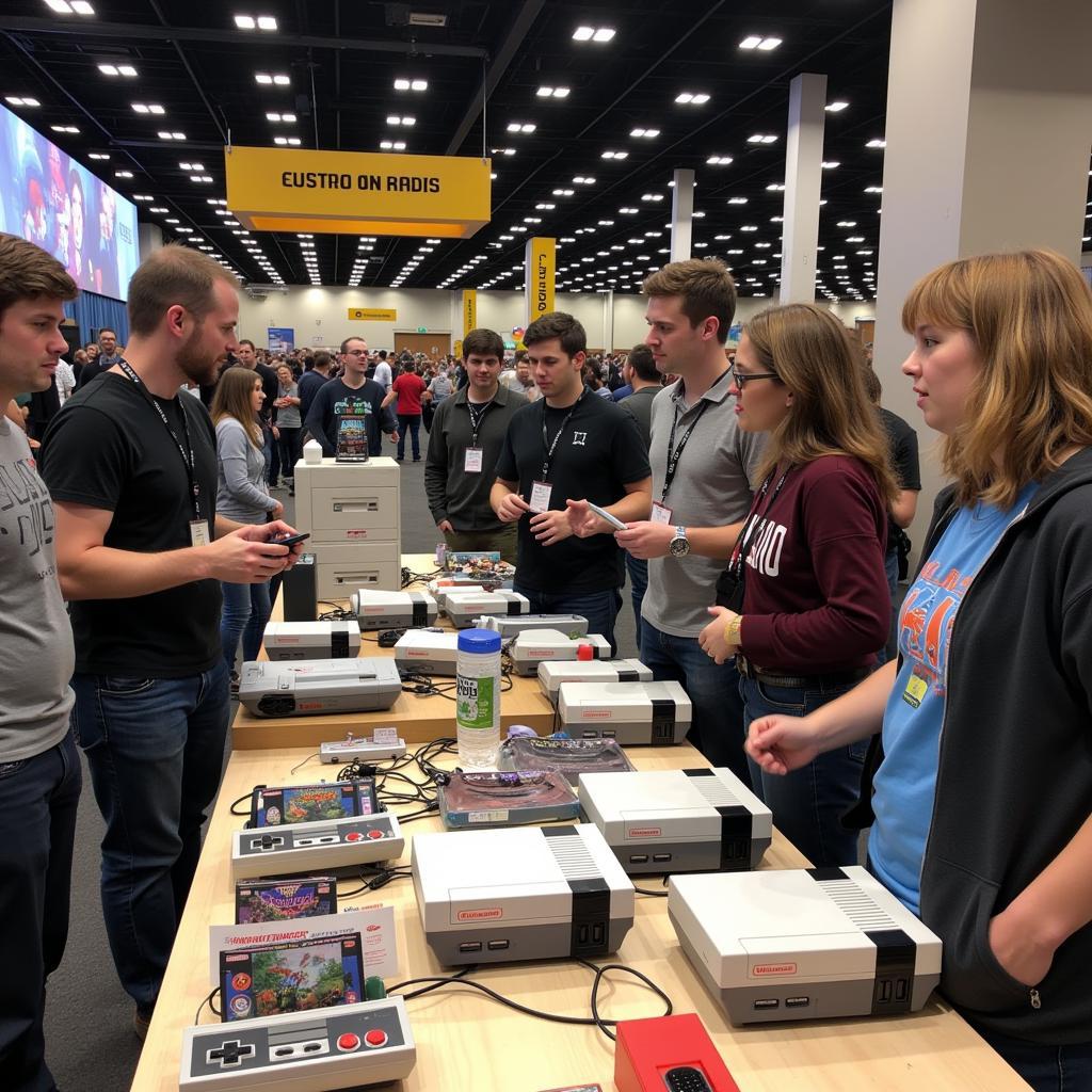 A group of hardcore NES fans gathered at a retro gaming convention, sharing their passion and showcasing their collections.