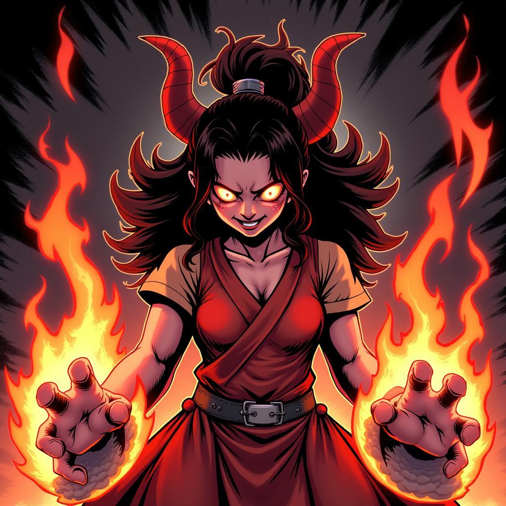 Dramatic comic panel showcasing Nezuko in her demon form.