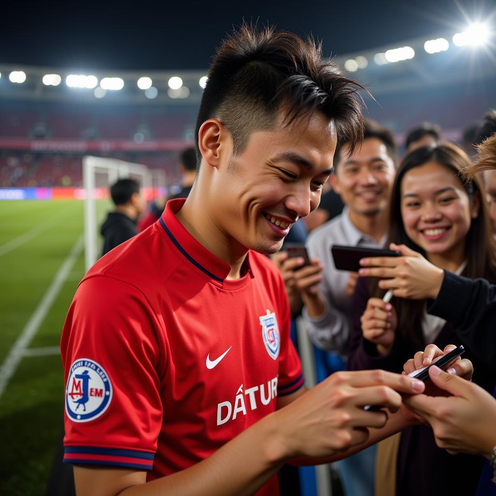 Nguyen Quang Hai interacting with fans after a match