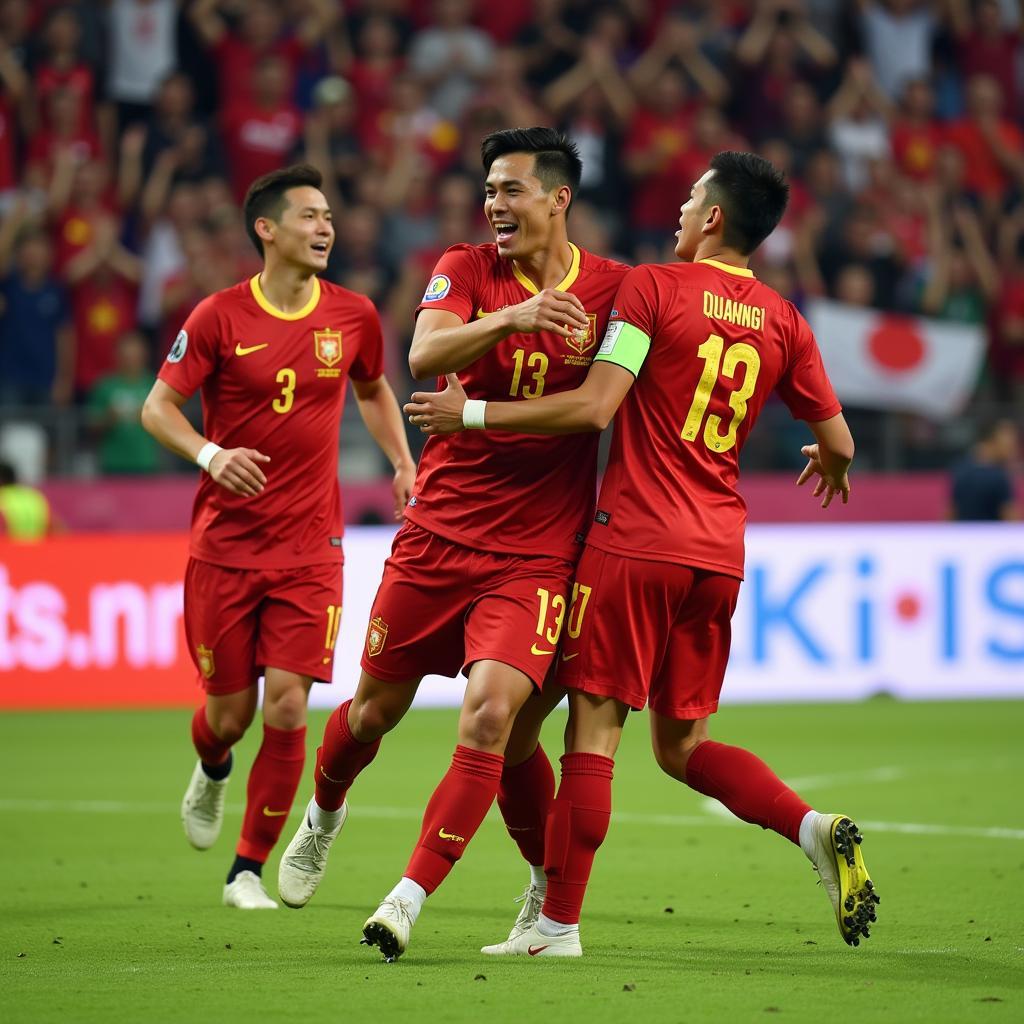 Nguyen Quang Hai celebrates a goal for Vietnam