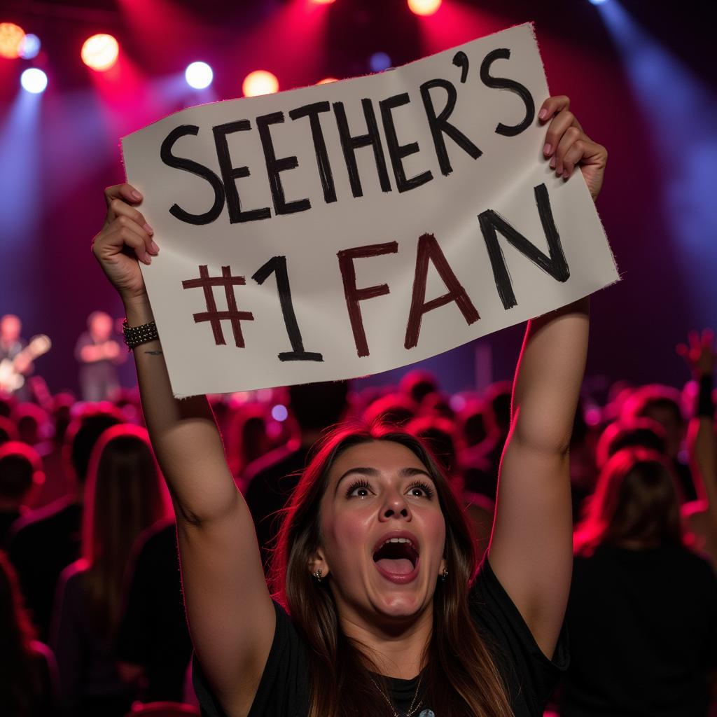 A dedicated fan holding a sign declaring their "Number One Fan" status at a Seether concert.