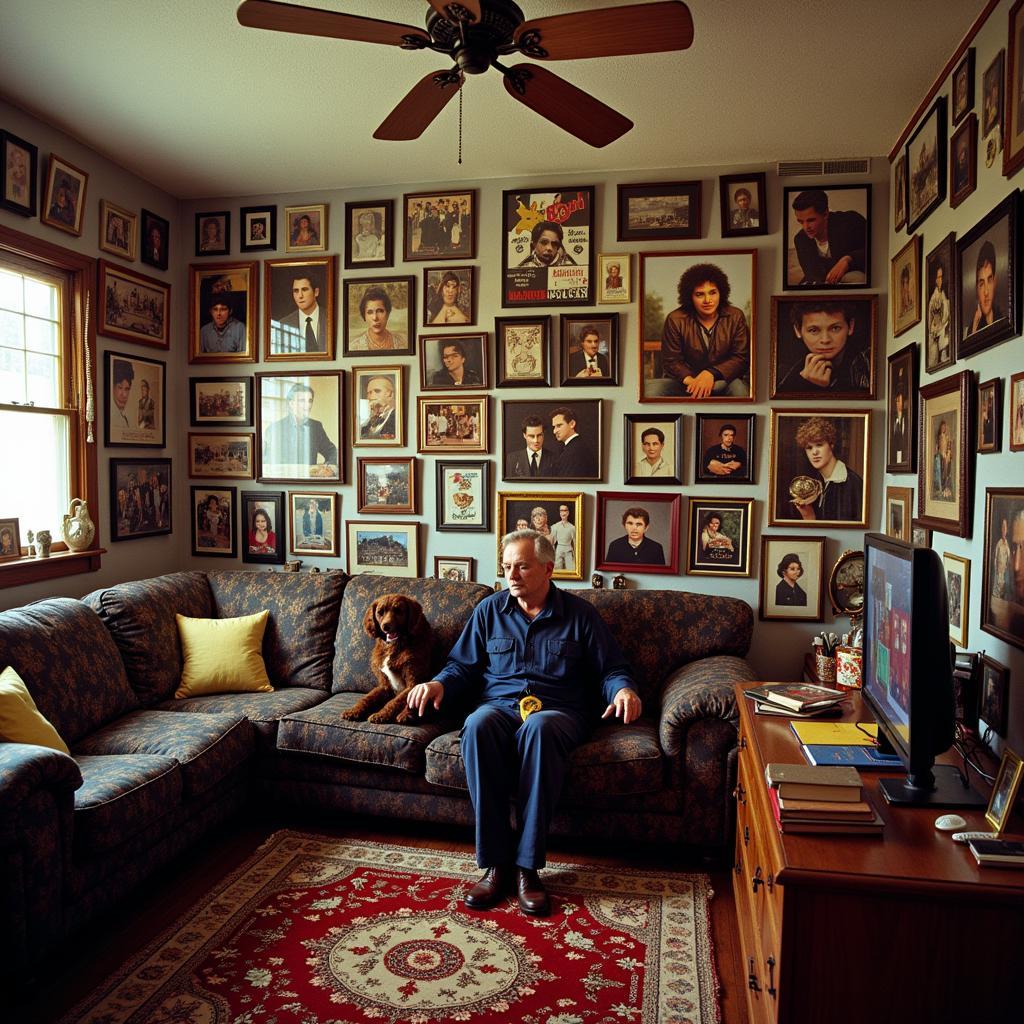 Obsessive Fan Behavior: The image shows a person's room plastered with photos of a celebrity, with letters and gifts piled up, illustrating the overwhelming nature of obsessive fandom.