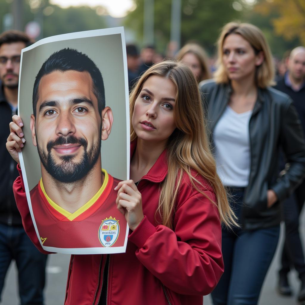 Obsessive fan behavior in football, showing a fan holding a large poster with a player's face and following them everywhere.