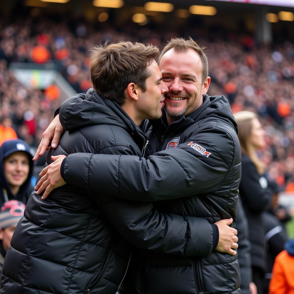 An over-enthusiastic football fan hugs a stranger