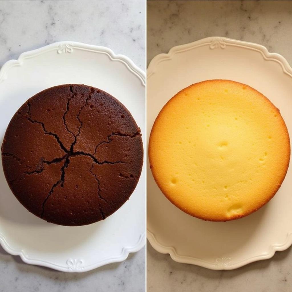 Comparison of an overcooked and a perfectly baked sponge cake in a fan oven.