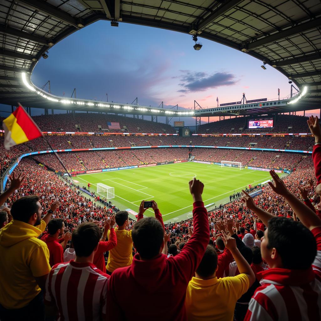 Passionate football fans cheering in a stadium