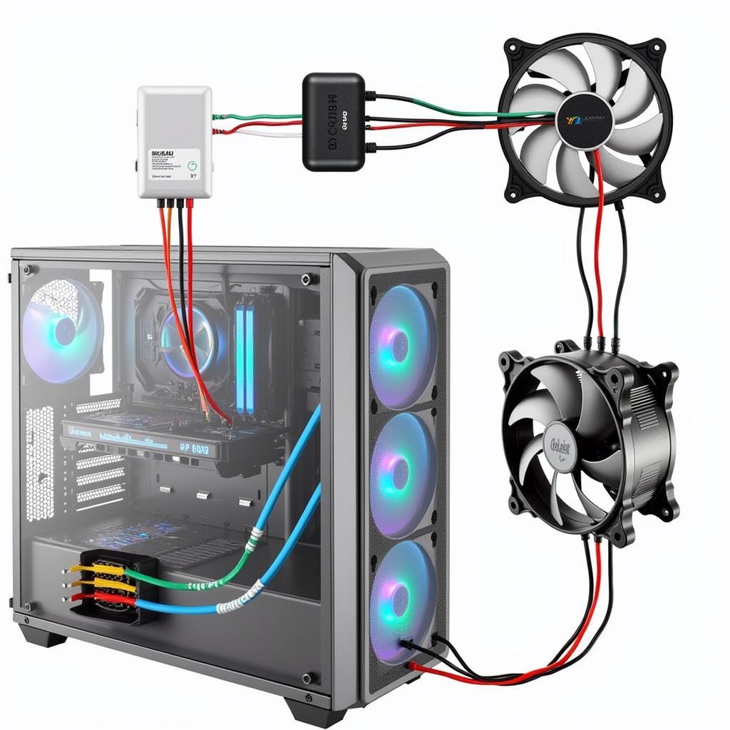 PC case with optimal cooling setup using multiple fans and adapters.