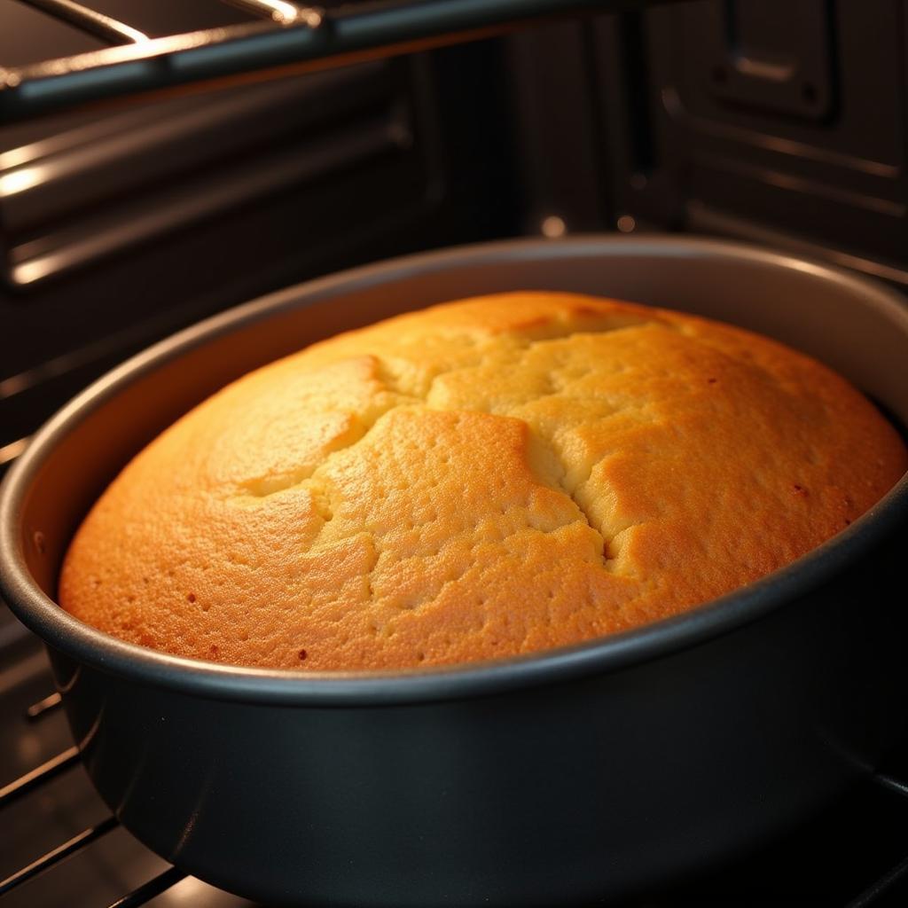 A perfectly golden brown sponge cake baked in a fan oven.