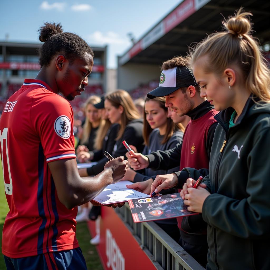 Footballer signing autographs for fans