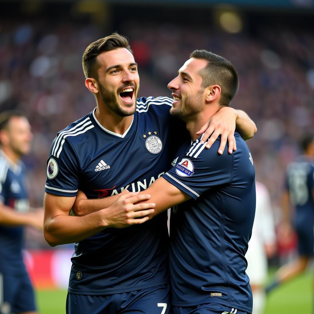 A surprised football player receiving a hug from a fan