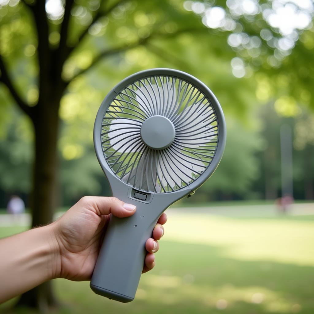 A portable handy fan provides a refreshing breeze on a hot summer day.