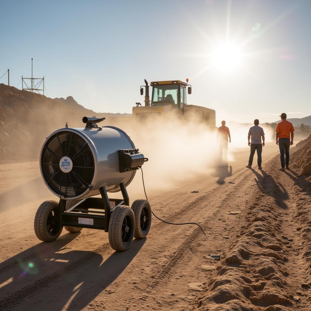 Portable misting fan on a construction site