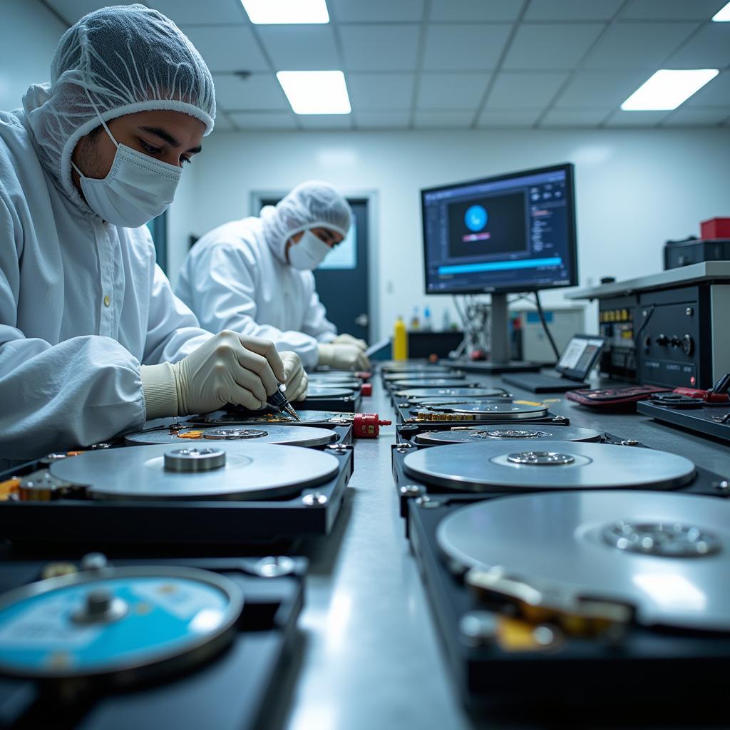 A professional data recovery lab with specialized equipment and controlled environment.