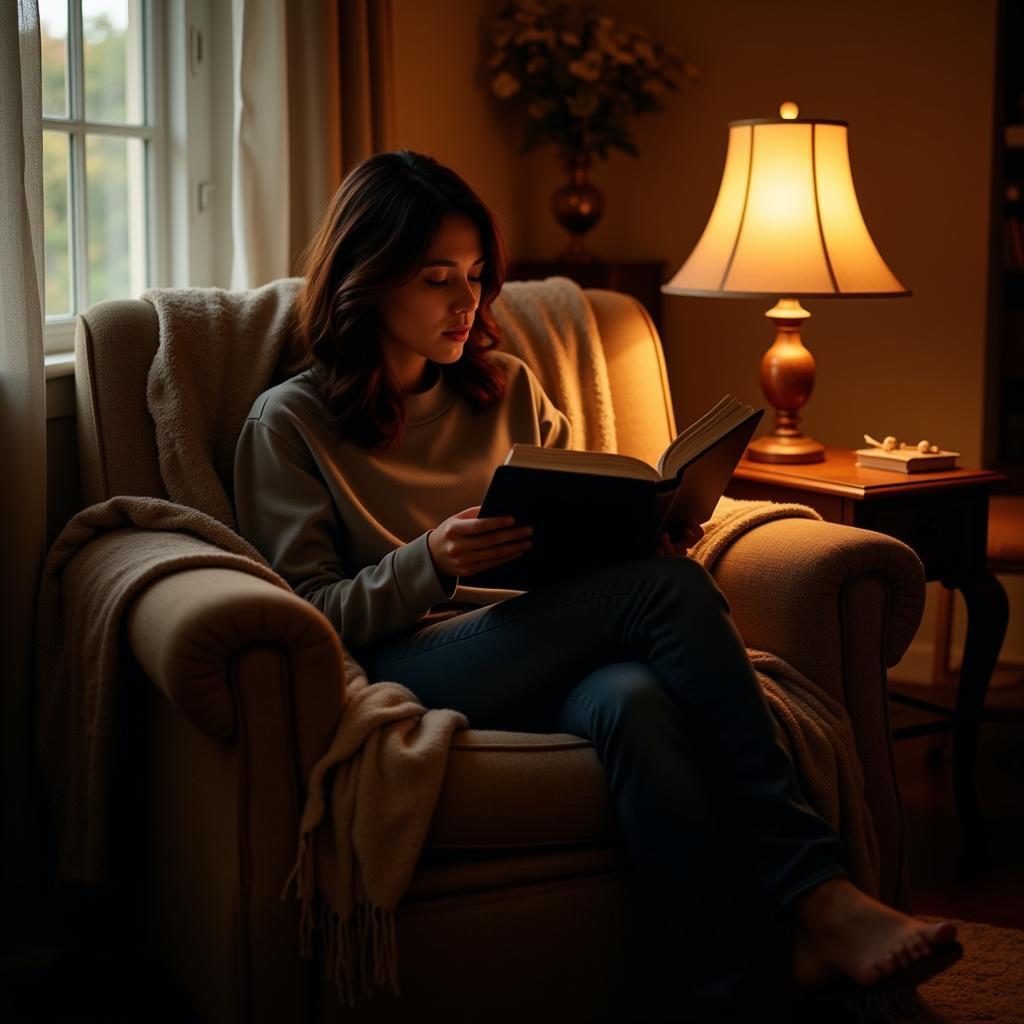 A person reading a book in a cozy corner