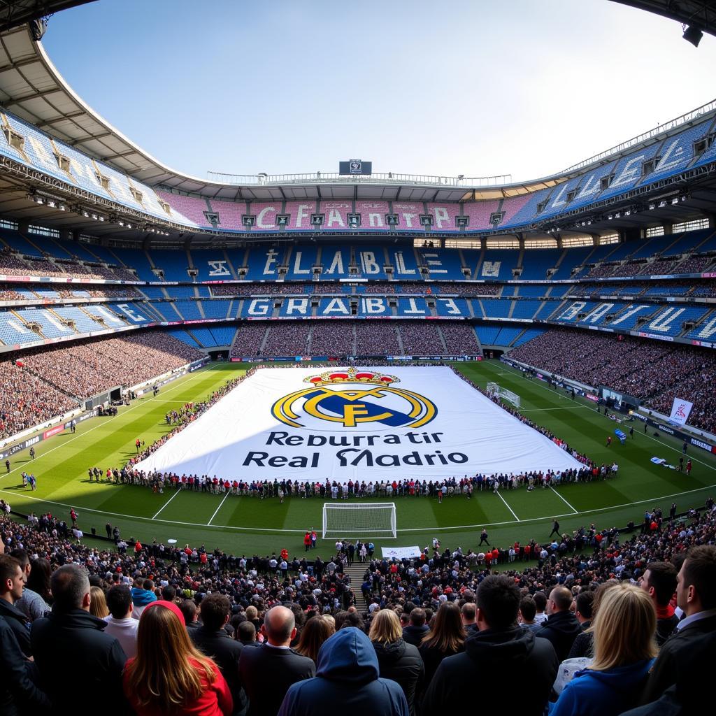 Real Madrid fans displaying a large banner in support of their team, showcasing their dedication and loyalty