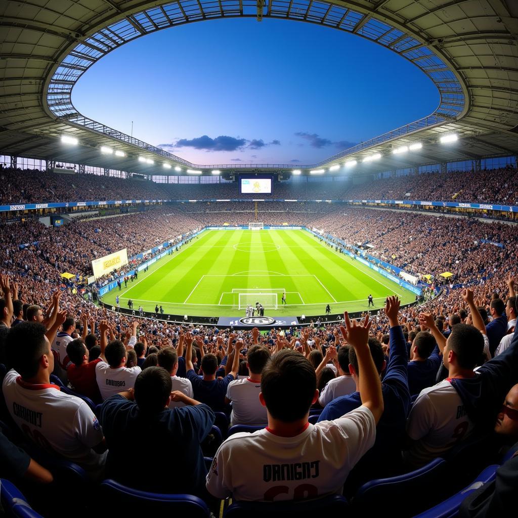 Real Madrid fans cheering at the Santiago Bernabéu Stadium