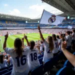 Real Madrid female fans celebrating a goal at the Santiago Bernabéu Stadium.