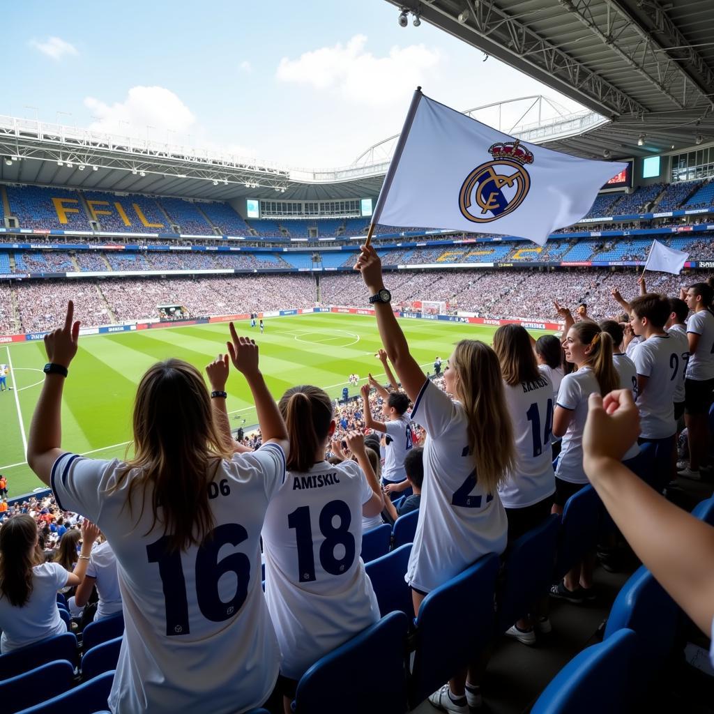 Real Madrid female fans celebrating a goal at the Santiago Bernabéu Stadium.