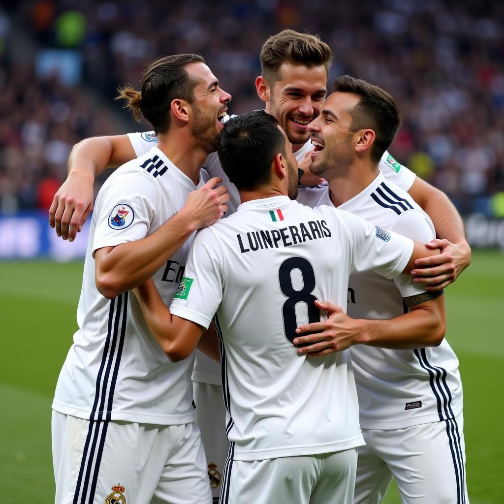 Real Madrid players celebrating a goal together, highlighting their teamwork and camaraderie