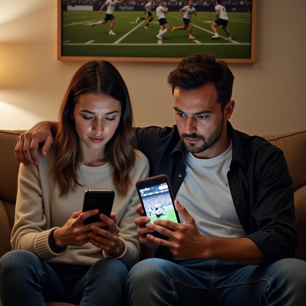 Stressed couple looking at phone showing football game