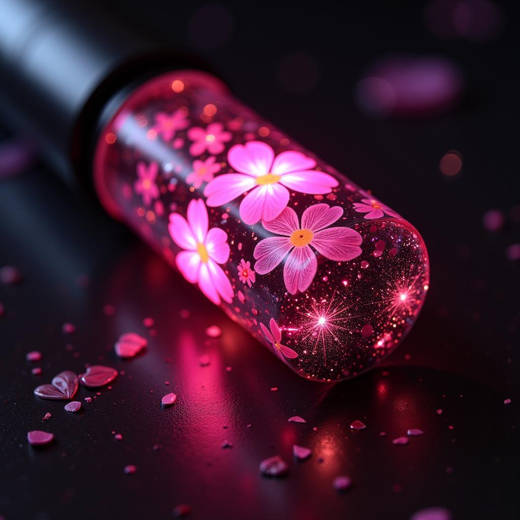 Resin Cast Black Pink Lightstick with Embedded Flowers and Glitter.