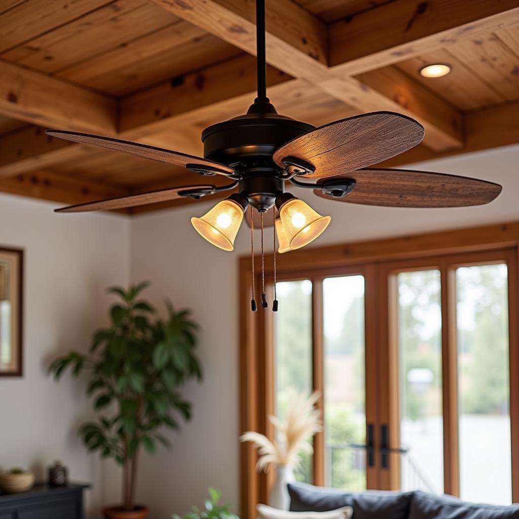 Rustic Ceiling Fan with Wooden Blades and Wrought Iron Finish